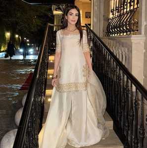 Ivory White <b>Kurta</b> Palazzo Suit Set Natural Crape Thread With Sequence Embroidery Work Top and Palazzo With Organza <b>Silk</b> Dupatta - Product Image 2