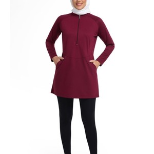 Modest Sportswear <b>Women's</b> Long Sleeve Zip Front <b>Tunic</b> Top Burgundy Casual Activewear <b>Dress</b> with Pockets - Product Image 5