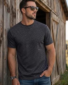 T-shirt à manches courtes pour homme, gris foncé, col rond, coupe ajustée, couleur unie, jersey décontracté, matière respirante en coton - Product Image 4