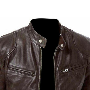 Chaqueta de Motociclista de Cuero Genuino Marrón para Hombre, Cuello Alto, Cierre de Cremallera, Corte Ajustado, para Otoño - Product Image 6