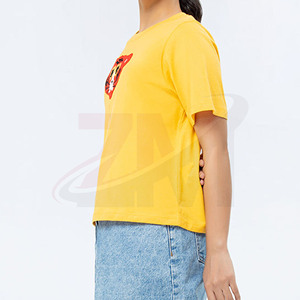 T-shirt décontracté jaune pour femme avec broderie tigre, col rond, manches courtes, 100 % coton jersey, coupe ample, idéal printemps-été - Product Image 2