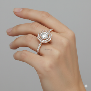 Bague de fiançailles octogonale avec halo de diamants doubles ronds et baguette - Product Image 3