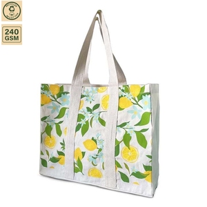 Custom Printed Cotton Canvas <b>Beach</b> Tote <b>Bag</b> 240 GSM Lemon Pattern <b>Large</b> Capacity Wholesale OEM Private Label Manufacturer - Product Image 1