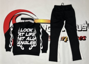 ชุดเซ็ตสเวตสูทผ้าคอตตอนหนาน้ำหนักมาก พิมพ์ลายสกรีนตามสั่ง กางเกงขาบาน เสื้อฮู้ดดี้ ชุดวอร์มสำหรับผู้ชาย - Product Image 2