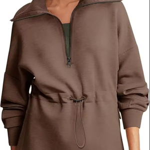 Sudadera Oversize de Mujer con Media Cremallera, Manga Larga, Cuello Redondo, Cintura con Cordón, Tejida 100% Algodón, Color Liso, para Otoño - Product Image 6