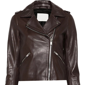 Women's <b>Brown</b> Genuine <b>Leather</b> Hooded Thick Moto <b>Jacket</b> Turn-down Collar Zipper Closure Slim Fit Regular Sleeve Solid Color - Product Image 5