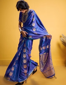 KV <b>Satin</b> Blue Woven Design Designer <b>Saree</b> With Unstitched Blouse - Product Image 1