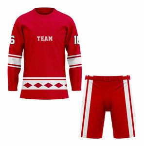 Maillot de hockey sur glace pour équipe, rouge, sublimé, avec rayures et motifs en diamants blancs, manches longues, col rond, évacuation de l'humidité, pour homme adulte - Product Image 1