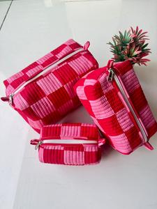 Juego de 3 bolsas de cosméticos hechas a mano con estampado de bloques de algodón al por mayor, bolsa de aseo para viaje para mujeres, organizador de maquillaje de viaje - Product Image 2