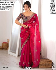 Nova Cream Fendy <b>Satin</b> <b>Saree</b> With Sequin Embroidery Blouse For Wedding Traditional Wear Women Floor Length S5115 - Product Image 3