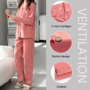 High Quality Large Size Women Cotton Pajamas Button down Tops and <b>Trousers</b> Set Sleepwear Homewear Printing Nightwear Loungewear - Product Image 4