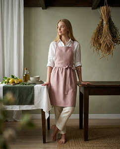 Pink Linen Unisex Adjustable Tie Waist Apricot Kitchen Cooking <b>Bib</b> <b>Apron</b> with Front Pockets Washable & Reusable for Cafe Bakery - Product Image 3