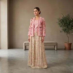 Conjunto de Blazer de 3 Piezas para Mujer, Estilo Bohemio, Color Rosa Claro Sólido, Bordado, Manga Tres Cuartos, Sin Cuello, 100% Lona de Algodón, Secado Rápido - Product Image 6