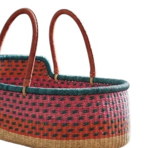 Maker modern vibrant pink patterned high <b>wall</b> seagrass changing <b>basket</b> combined with rattan changing kid <b>basket</b> and straps - Product Image 2