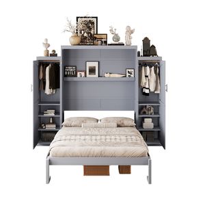 Queen Size Wooden Murphy <b>Bed</b> <b>with</b> 2 Wardrobe <b>Storage</b> Shelf Multifunctional Foldable <b>Platform</b> Bedframe - Product Image 5