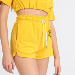 Shorts de Cintura Alta Amarillos de Punto, 100% Algodón, Resistentes al Viento, de Secado Rápido, con Cordón Ajustable, Cintura Elástica, Bolsillos Laterales, Casuales, para Mujer - Product Image 1