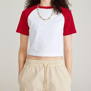 Tops Cortos Casuales de Manga Raglán para Mujer, 100% Algodón, Color Sólido, Cuello Redondo, Transpirables, para Todas las Temporadas, Venta al Por Mayor OEM, Personalizados con Impresión - Product Image 4