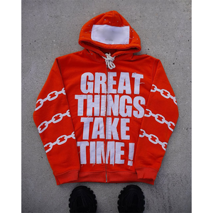 Sweat à capuche brodé avec appliques personnalisées Veste zippée en strass Lavage à l'acide Vintage Washed Men Fleece Streetwear Hoodie - Product Image 3