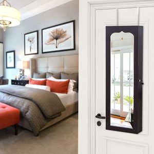 Armadietto Portagioie a Specchio Non Completamente Specchiato, da Parete in Legno, con 4 Ripiani, 6 Cassetti, 8 Luci LED Blu, Marrone Scuro YF - Product Image 6