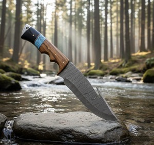 Couteau de chasse à lame fixe en acier Damas fait main sur mesure, 12 pouces, à bord biseauté, avec manche en bois et incrustation de turquoise - Product Image 4