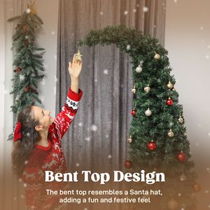 Albero di Natale Preilluminato da 2,1 m con Cima Curva, Abete di Alta Montagna Sottile e Fantasioso con 300 LED, Base in Metallo Verde, Decorazioni Natalizie - Product Image 5
