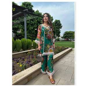 DISEÑADOR ORGANZA SEDA IMPRESIÓN DIGITAL TRABAJO KURTI CON FONDO VERDE - Product Image 1