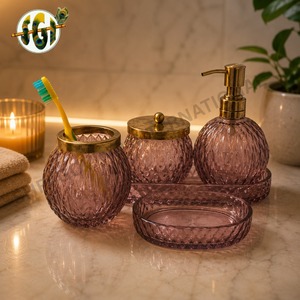 <b>Green</b> Ribbed Glass Silk Screen Personal Care Bathroom Accessories Set Lotion <b>Pump</b> Jar Toothbrush Cup Tray Decorative Countertop - Product Image 6