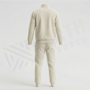 Unisex Cream Cotton Tracksuit Full <b>Zip</b> Stand Collar Casual Solid Color <b>Joggers</b> With Side <b>Pockets</b> Autumn Wear - Product Image 2