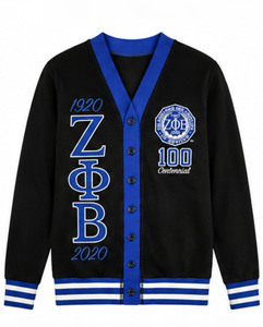 เสื้อคลุมคาร์ดิแกนผ้าขนสัตว์/แคชเมียร์สีดำ-น้ำเงินสำหรับผู้หญิง Zeta Phi Beta รุ่นฉลองครบรอบ 100 ปี ปี 1920-2020 ปักลาย มีฮู้ด ปิดด้วยซิป ระบายอากาศได้ดี สวมใส่สบาย - Product Image 1