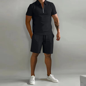 Men's Solid Blue Polo T-Shirt and Shorts <b>Set</b> Casual Summer Wear Quarter-Zip <b>Knitted</b> Breathable Outfit - Product Image 2