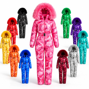 Custom <b>Women</b>’s Camouflage Print <b>One</b> <b>Piece</b> <b>Ski</b> <b>Suit</b> with Fur Trim Hood Quilted Padded Winter Snowsuit Belted Waist Snow - Product Image 1