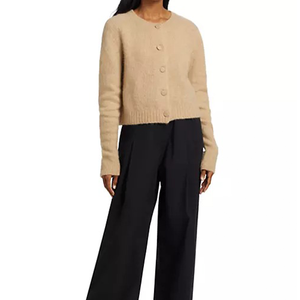 Women's <b>Beige</b> Knitted <b>Cardigan</b> Crew Neck Full Sleeve Button Front Minimalist Solid Color Autumn Wear By Tiki Taka Sports - Product Image 1