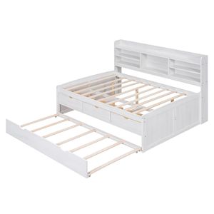 Cama capitán de madera tamaño matrimonial en acabado blanco con estanterías integradas y cama nido con tres cajones de almacenamiento - Product Image 6