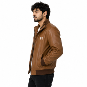 Blouson Bomber en Cuir Personnalisé pour Homme, Col Montant, Poignets Côtelés, Fermeture Éclair, Poches Avant, Mode Hiver, Veste Homme OEM, Vente en Gros USA - Product Image 3