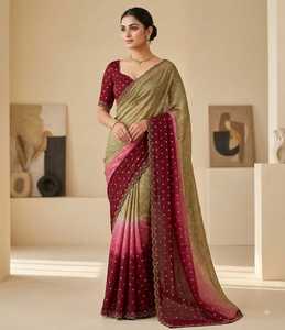 Sari en soie douce à double teinte avec broderie et bordure festonnée, motif Butti tissé - Product Image 1