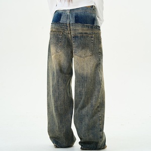 Pantalones de mezclilla vintage para hombre con efecto lavado y detalles de cuero, corte ajustado casual - Product Image 4