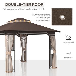 Gazebo Moderno in Metallo 10x12 piedi con Tetto a Doppio Livello e Zanzariere Marrone per Cortili di Ville, Parchi e Giardini di Hotel - Product Image 4