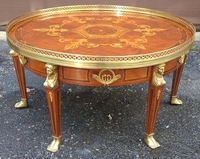 Table Basse Pliante Moderne Classique en Acajou avec Marqueterie et Monture Ormolu, Écologique, Durable, Portable, Plateau en Verre, Rangement Intégré
