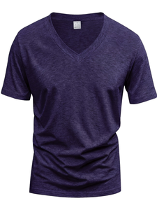 Men's V-Neck Short Sleeve Solid Cotton T-Shirt Regular Fit Casual Breathable Enzyme Wash for Knitted Jersey Fabric 180g - Product Image 3