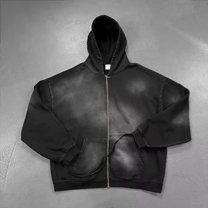 Sudadera con capucha de algodón con cremallera YKK al por mayor para hombre, sudadera con capucha con cremallera personalizada, extragrande, lavado ácido, negra, de peso pesado para hombre - Product Image 1