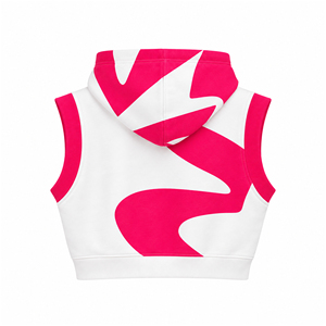 Womens <b>Pink</b> White Sleeveless <b>Cropped</b> Hoodie Abstract Print Hooded Tank <b>Top</b> with Drawstring Casual Sporty Streetwear Wholesale - Product Image 3