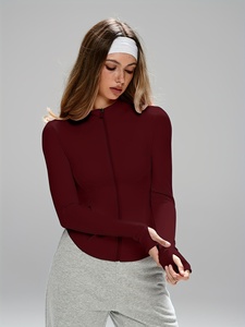 Veste de yoga beige nude à col montant, coupe ajustée, fermeture éclair intégrale, pour femme, vêtements de sport, vêtements de gym, manches longues - Product Image 3