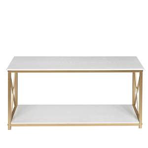 Table console dorée à 2 niveaux avec dessus en faux marbre et cadre en métal pour la maison pour l'entrée ou le canapé - Product Image 6