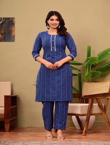 Conjunto de pantalón y kurta de algodón azul elegante para mujer, para uso en la oficina - Product Image 2