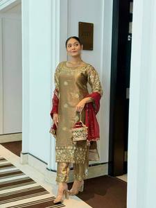 Gold Embroidered Salwar Kameez Set <b>Sequin</b> Work Jacquard Pakistani Outfit With <b>Red</b> Dupatta for Wedding Party - Product Image 1