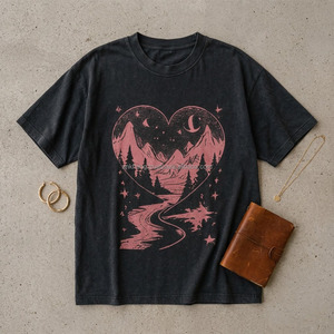 T-shirt unisexe en coton noir, imprimé montagne et cœurs, col rond, coupe ample, décontracté, manches courtes, tissu jersey, toutes saisons - Product Image 1