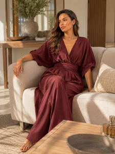 Monos de verano elegantes con cuello en V y manga caída, conjuntos de una pieza, pantalones palazzo de pierna ancha, overoles casuales de color liso. - Product Image 6