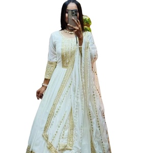 Femmes 100% réel Georgette fantaisie broderie travail robe sol beau côté Latkan moins frontière longue mariage approprié en gros - Product Image 1