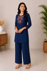 Conjunto Indio-Pakistaní de Algodón Blanco Bordado, Kurti Midi Vintage, Pantalón Plazzo, Manga Corta, Ropa Casual y de Oficina para Mujer - Product Image 3