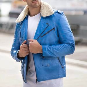 Veste en cuir bleue personnalisée avec logo pour hommes, fermeture éclair, streetwear, haute qualité, respirante, pour l'hiver. - Product Image 2